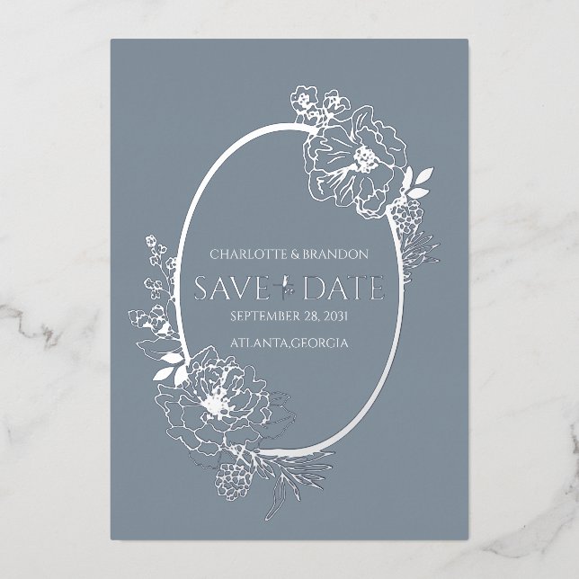 Dusty Blue Modern Floral Sketch Oval Save the Date (Front)