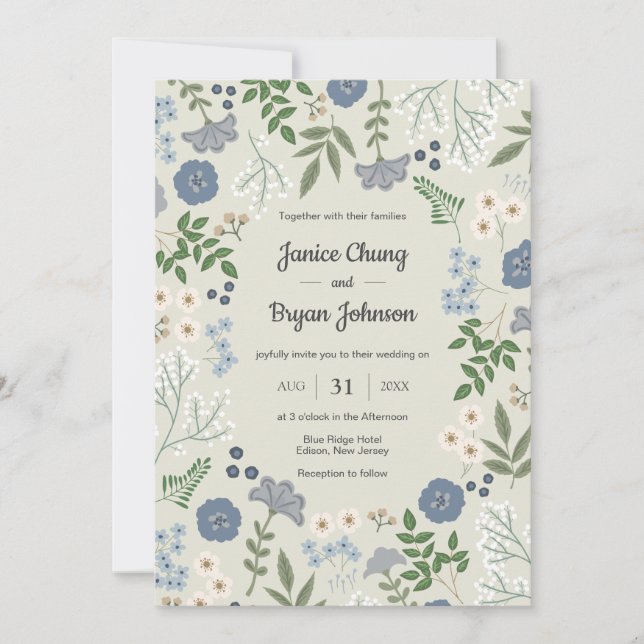 Dusty Blue Modern Floral Wedding  Invitation (Front)
