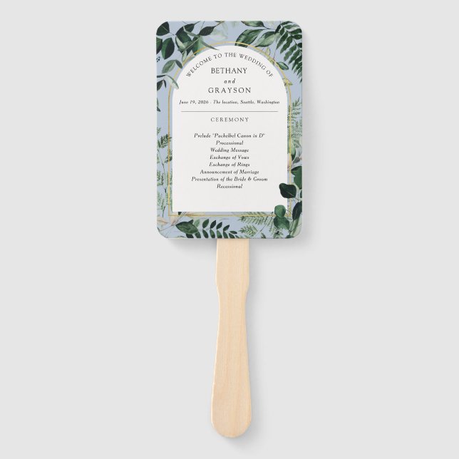 Dusty Blue Modern Greenery Outdoor wedding Hand Fan (Front)