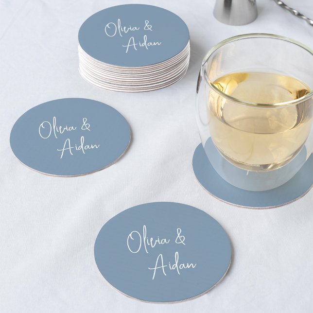 Dusty Blue | Modern Handwritten Script Wedding Round Paper Coaster (Creator Uploaded)