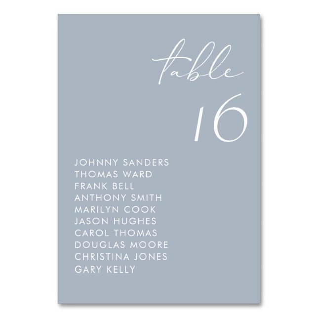Dusty Blue Modern Handwritten Script Wedding Table Number (Front)