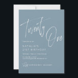 Dusty Blue | Modern Minimal Script 21st Birthday Invitation<br><div class="desc">Simple 21st birthday party invitations with brush script accents. Soft blue-grey colour with white font.</div>