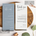 Dusty Blue Modern Minimal Thank You Placecard Menu<br><div class="desc">Check out this All-in-One Modern Minimalist Menu Table Escort Place Card with Thank You for your wedding or party event! This menu card features an elegant calligraphy script of "let's eat" on the front with a clean and simple block sans serif typography font on a dusty blue background and elegant...</div>