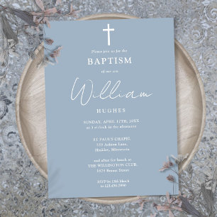 Dusty Blue Modern Minimalist Baptism Christening Invitation