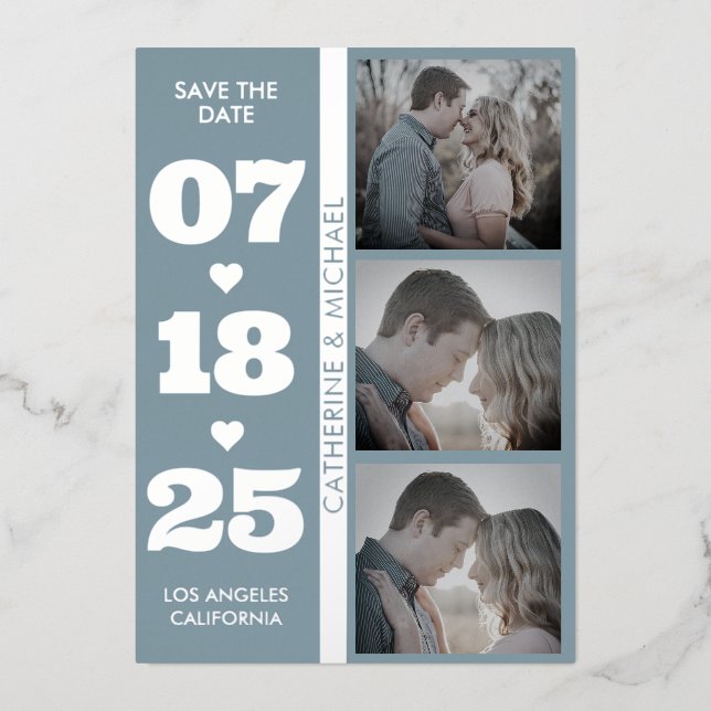 Dusty Blue Modern Minimalist Bold Date Three Photo (Front)