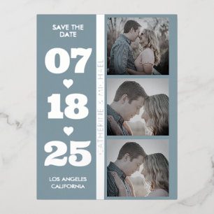 Dusty Blue Modern Minimalist Bold Date Three Photo Foil Holiday Postcard