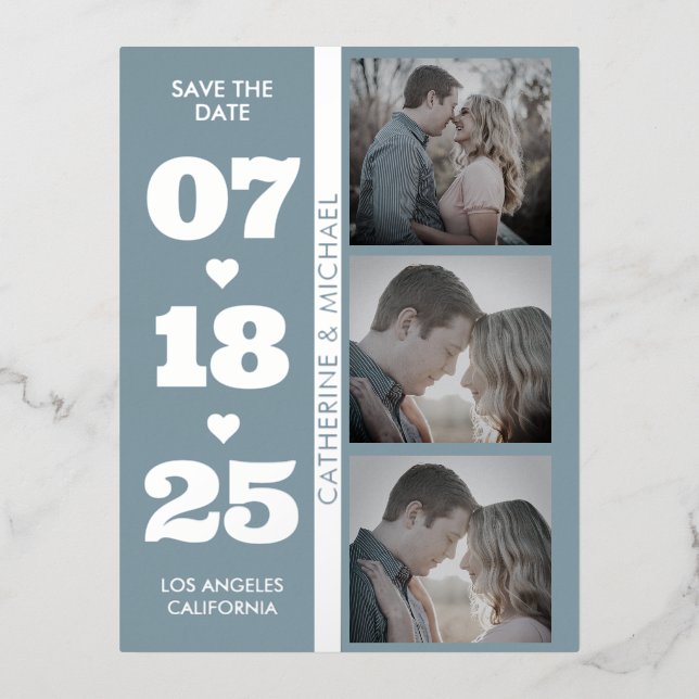 Dusty Blue Modern Minimalist Bold Date Three Photo Foil Holiday Postcard (Front)
