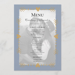 Dusty Blue Modern Photo Gold Hearts Menu Mariage