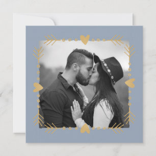 Dusty Blue Modern Photo Gold Hearts Wedding Invitation