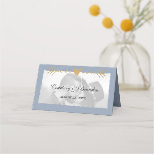 Dusty Blue Modern Photo Gold Hearts Wedding Place Card