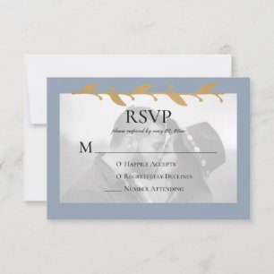 Dusty Blue Modern Photo Gold Leaves RSVP Card