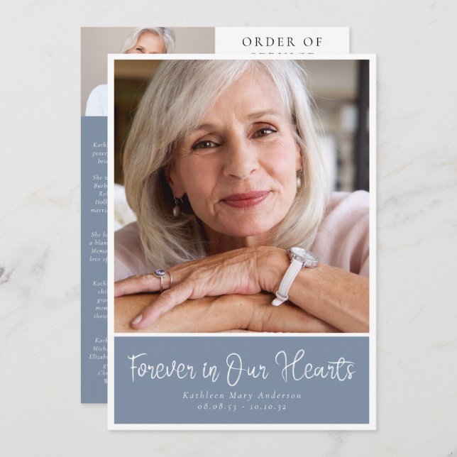 Dusty Blue Modern Photo Order of Service Funeral Program (Front/Back)