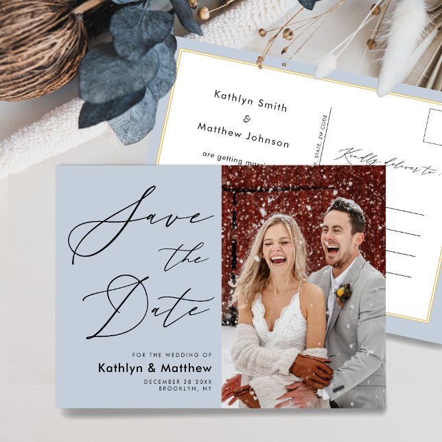 Dusty Blue Modern Photo Wedding Save The Date Announcement Postcard (Creator Uploaded)
