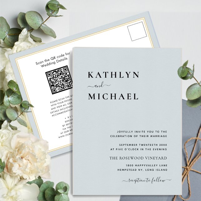 Dusty Blue Modern QR Code All In One Wedding Invitation Postcard (Creator Uploaded)
