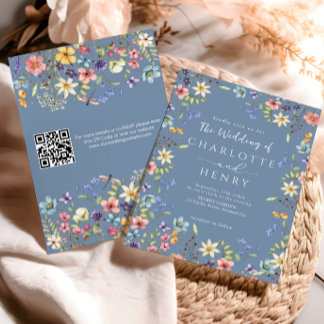 Dusty Blue Modern QR Code Wildflower Wedding Invitation