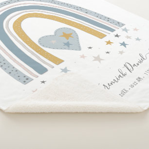 Dusty Blue Modern Rainbow Birth Stats Boy Baby Sherpa Blanket