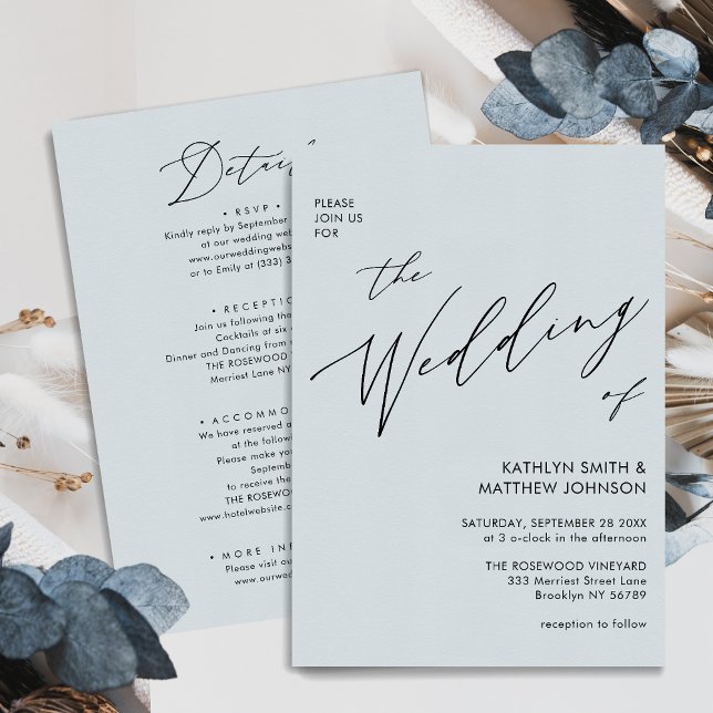 Dusty Blue Modern Script All In One Simple Wedding Invitation (Creator Uploaded)