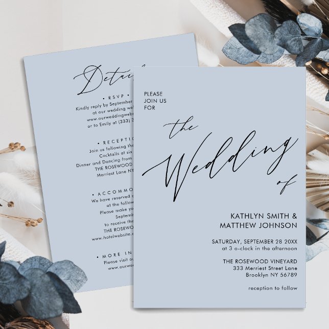 Dusty Blue Modern Script All In One Simple Wedding Invitation (Creator Uploaded)