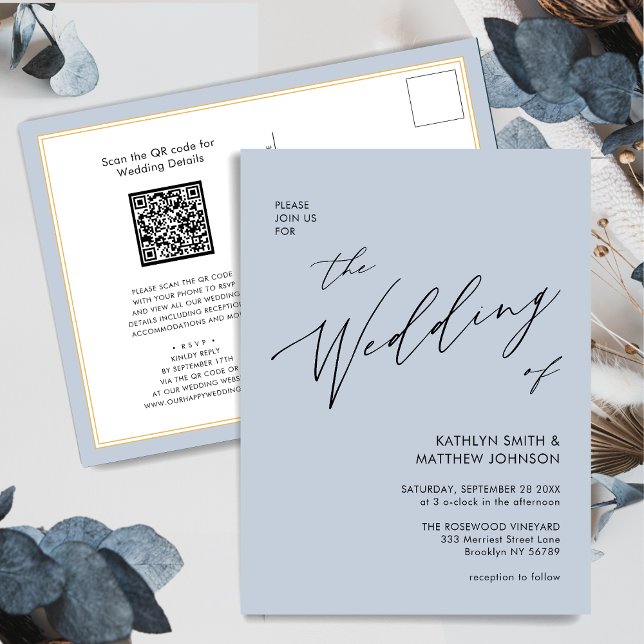 Dusty Blue Modern Script All In One Simple Wedding Invitation Postcard (Creator Uploaded)