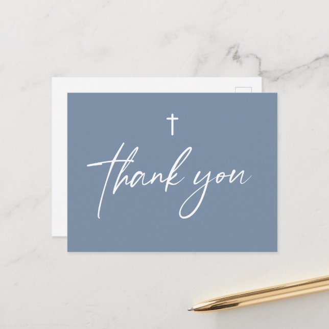 Dusty Blue Modern Script Custom Baptism  Postcard (Front/Back In Situ)
