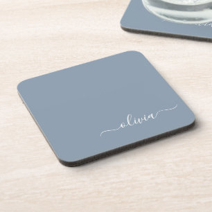 Dusty Blue Modern Script Elegant Monogram Name  Coaster