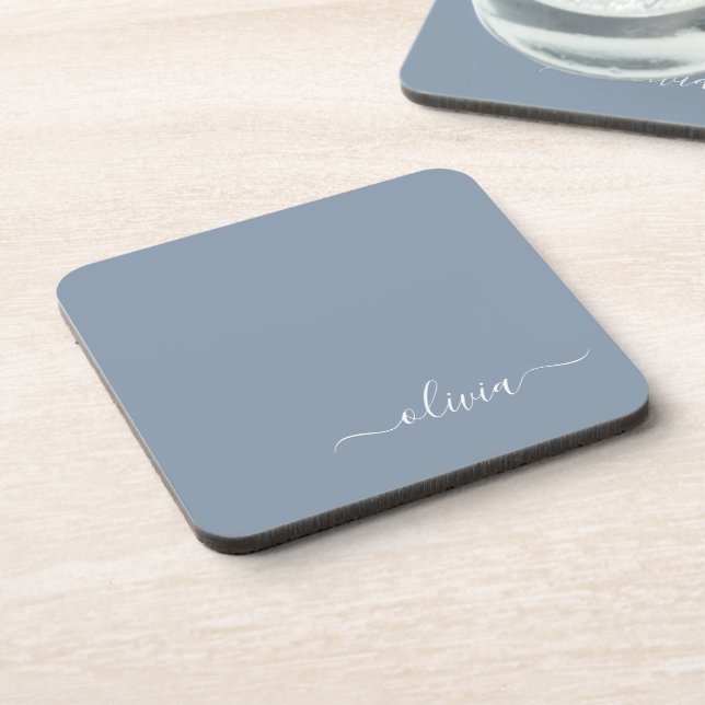 Dusty Blue Modern Script Elegant Monogram Name  Coaster (Left Side)