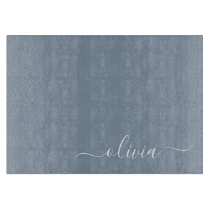 Dusty Blue Modern Script Elegant Monogram Name Cut Cutting Board