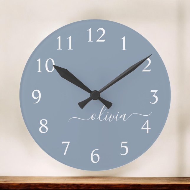Dusty Blue Modern Script Elegant Monogram Name Round Clock (Creator Uploaded)