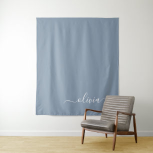 Dusty Blue Modern Script Elegant Monogram Name Tapestry