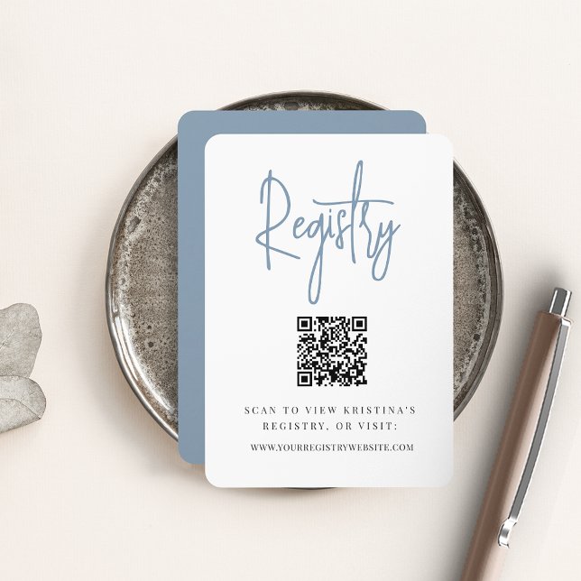 Dusty Blue | Modern Script QR Code Bridal Registry Enclosure Card (Creator Uploaded)