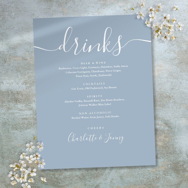 Dusty Blue Modern Script Wedding Drinks Menu (Dusty Blue Modern Script Wedding Drinks Menu Flyer)