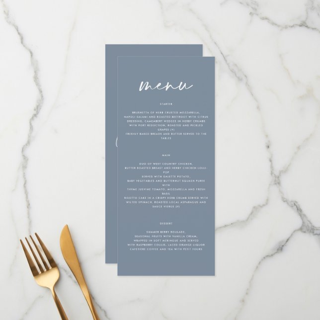 Dusty blue modern simple elegant script wedding menu (Front/Back In Situ)