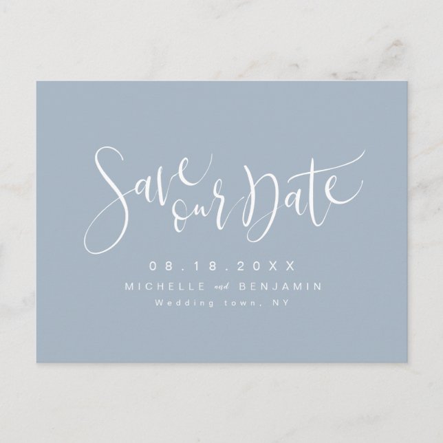 Dusty Blue Modern Simple Script Save The Date Announcement Postcard (Front)