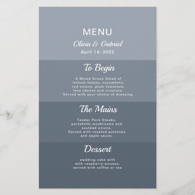 Dusty blue modern Stylish Elegant wedding menu (Front)