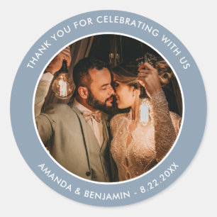 Dusty Blue Modern Thank You Photo Wedding Favour Classic Round Sticker