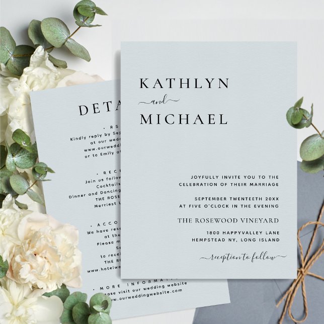 Dusty Blue Modern Typography All In One Wedding Invitation (Creator Uploaded)