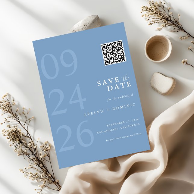 Dusty Blue Modern Typography QR Code Wedding Save The Date (Creator Uploaded)