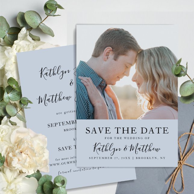 Dusty Blue Modern Typography Simple Photo Wedding Save The Date (Creator Uploaded)