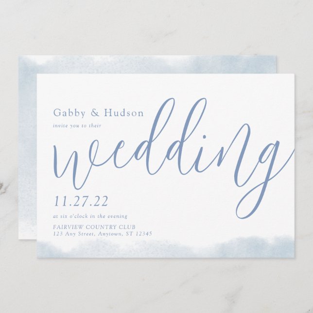 Dusty Blue Modern Watercolor Typography Wedding Invitation (Front/Back)
