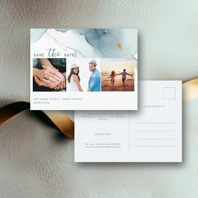 Dusty Blue Modern Wedding 3 Photos Save the Date Postcard (dusty blue modern beach wedding photo save the date postcard romantic elegant bohemian summer chic)