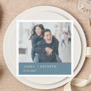 Dusty Blue Modern Wedding Photo Custom Name Date Napkin