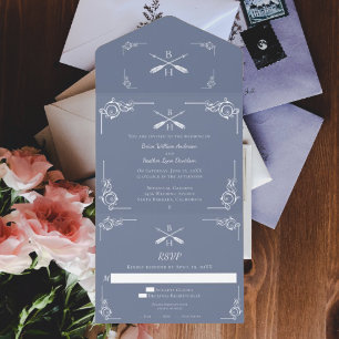 Dusty Blue Monogram and Arrows Wedding All In One Invitation