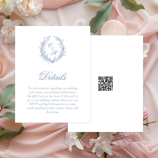Dusty Blue Monogram Botanic Wreath Wedding Details Enclosure Card (Creator Uploaded)