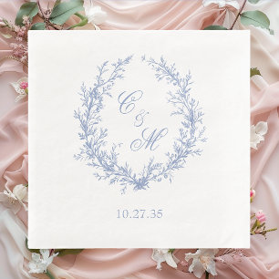 Dusty Blue Monogram Botanical Wreath Wedding Napkin