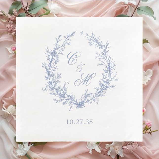 Dusty Blue Monogram Botanical Wreath Wedding Napkin (Creator Uploaded)