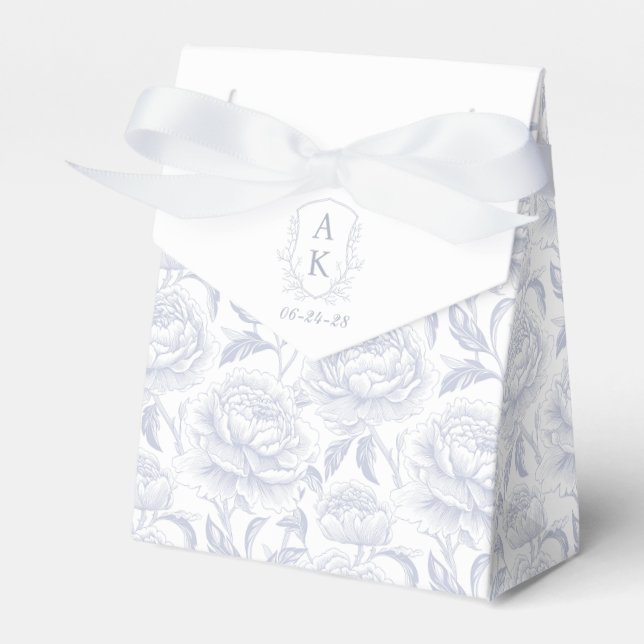 Dusty Blue Monogram Crest Chinoiserie Peonies Favor Box (Front Side)