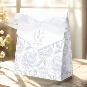 Dusty Blue Monogram Crest Chinoiserie Peonies Favor Box