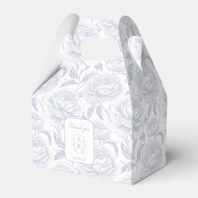 Dusty Blue Monogram Crest Chinoiserie Peonies Favor Box (Front Side)