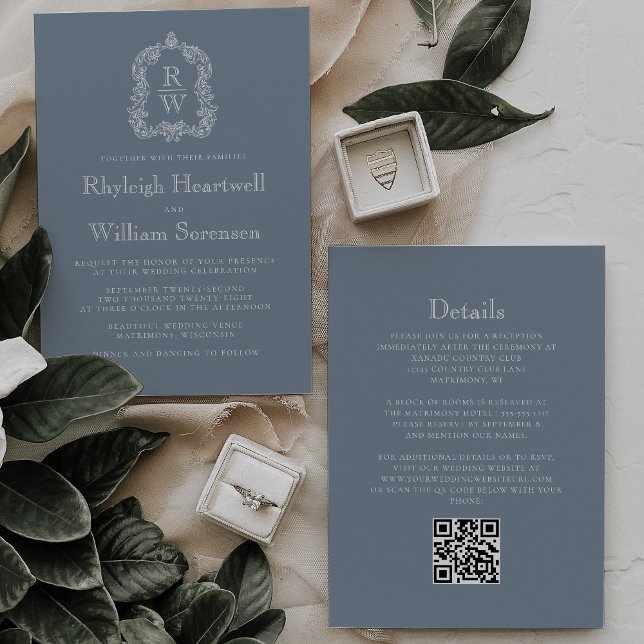 Dusty Blue Monogram Crest QR Code Wedding Invitation (Creator Uploaded)