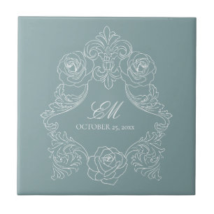 Dusty Blue Monogram Crest Regency Wedding Tile